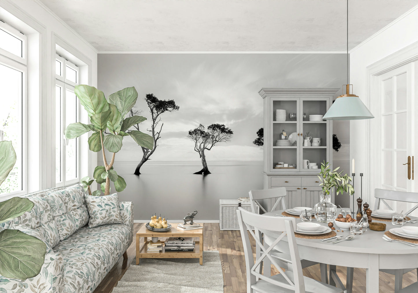 A beautiful serene forest wallpaper mural in black and white.

