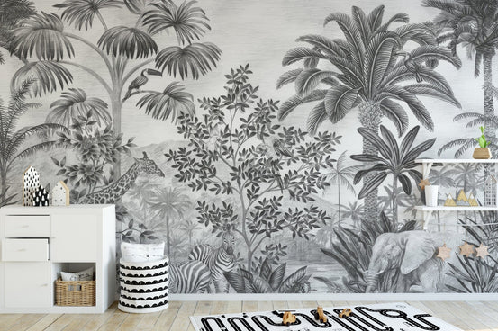Elegant black and white jungle wall murals
 C521