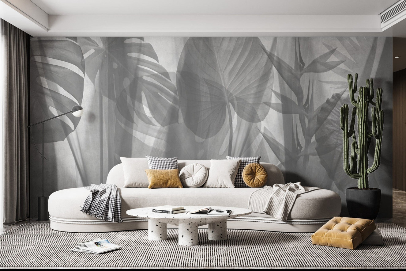 Monochrome tropical leaves wallpaper design

