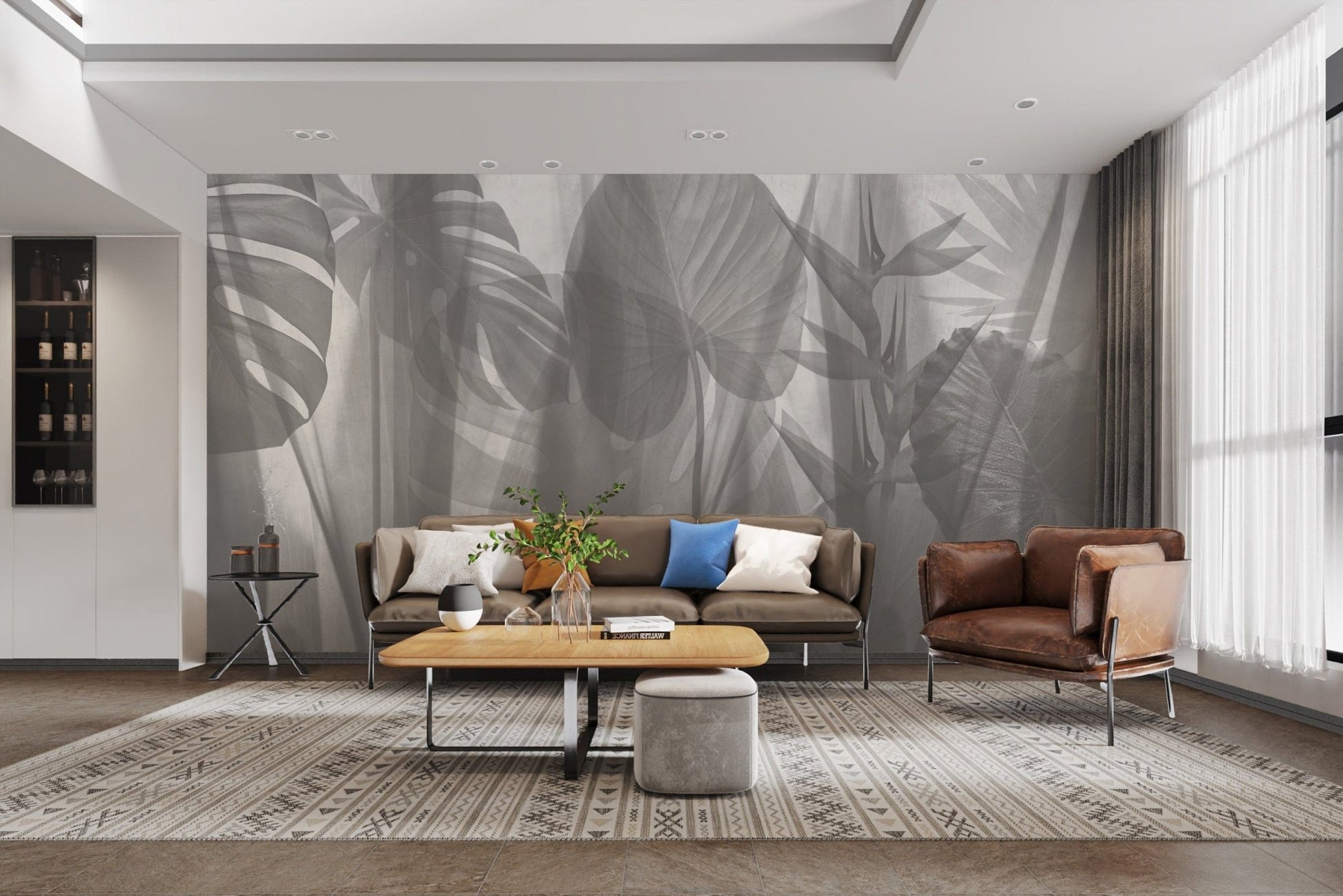 Neutral-toned tropical leaves wall 

