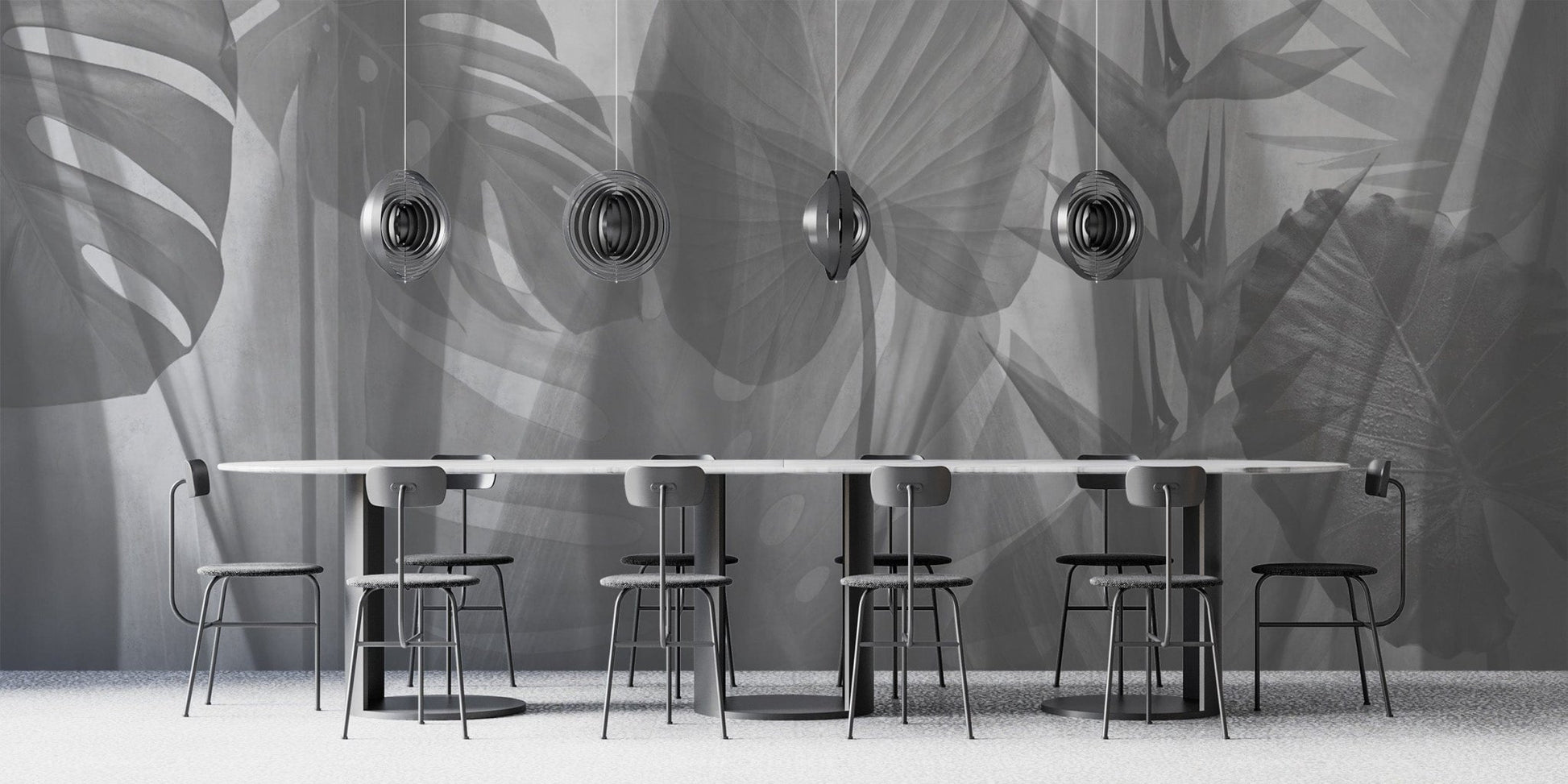Elegant grayscale tropical leaves mural
