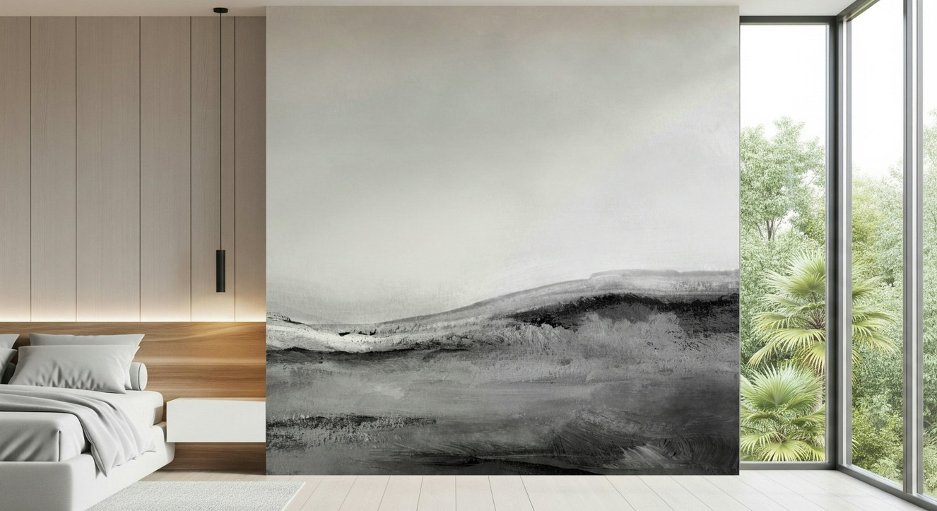 A beautiful monochrome landscape wallpaper mural with subtle, misty mountains or hills.