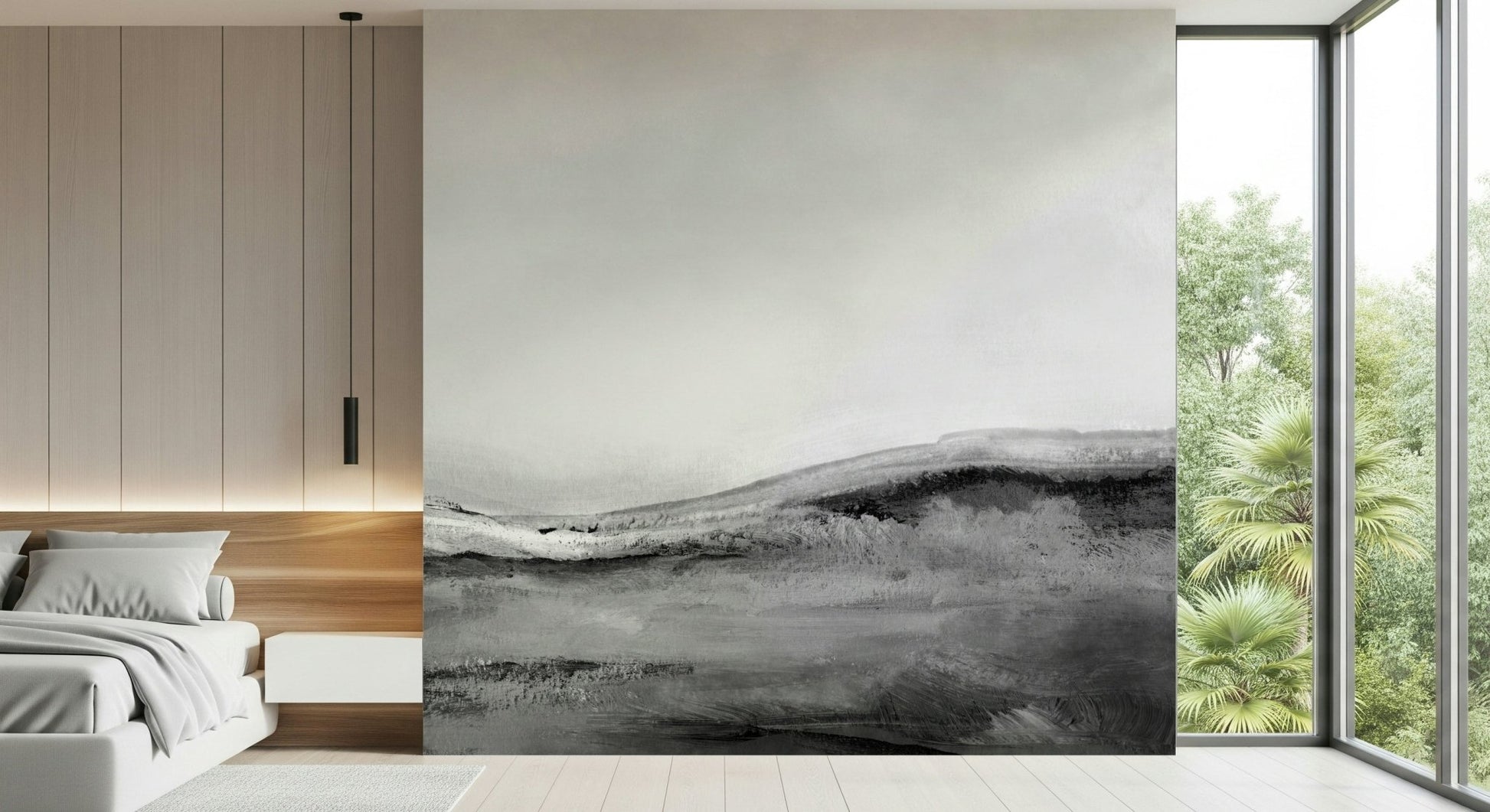 A beautiful monochrome landscape wallpaper mural with subtle, misty mountains or hills.