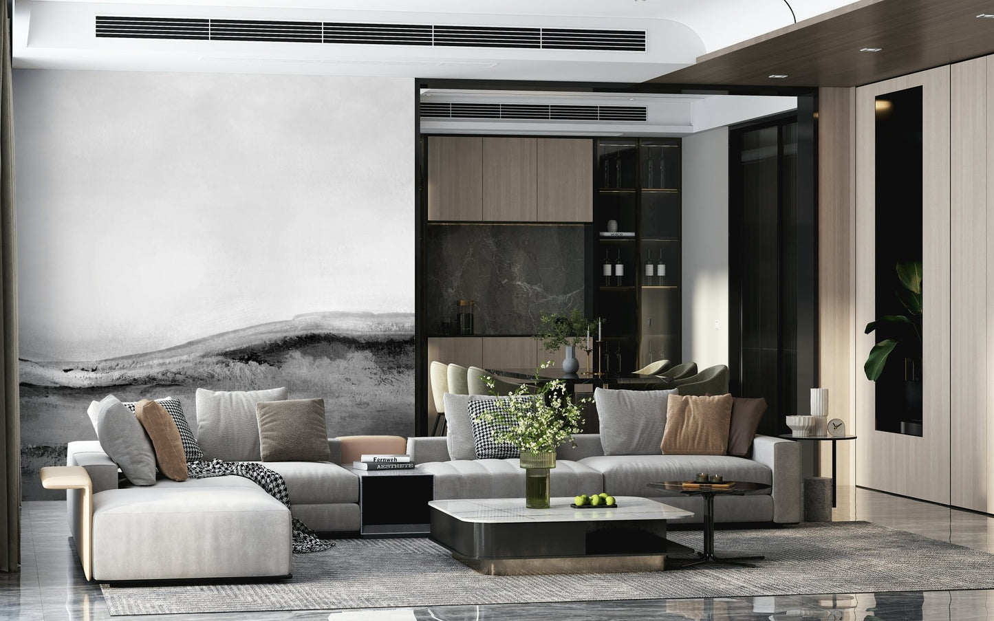 A peaceful open country mural on decorative wallpaper.