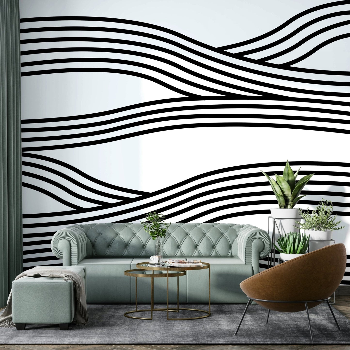 Monochrome Wave Rhythms mural wallpaper full view


