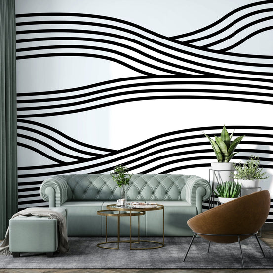 Monochrome Wave Rhythms mural wallpaper full view, GD2480