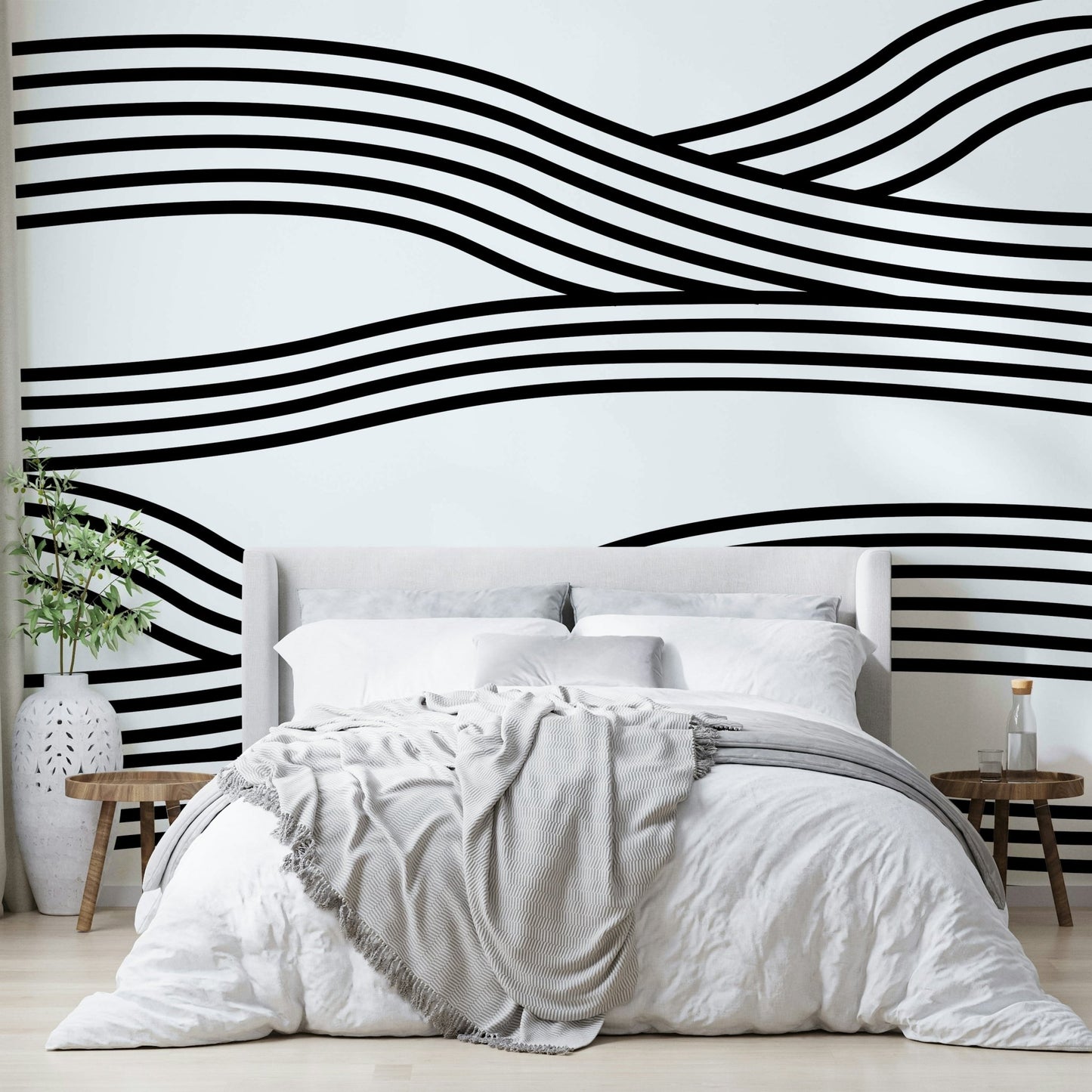 Entryway wall with black and white wave design

