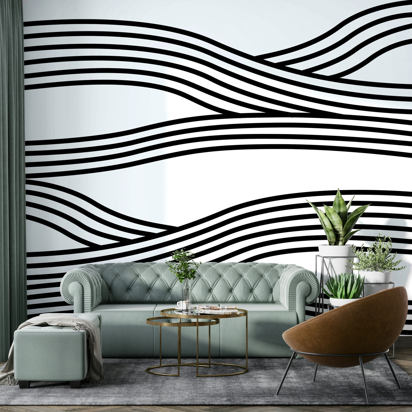 Monochrome Wave Rhythms mural wallpaper full view

