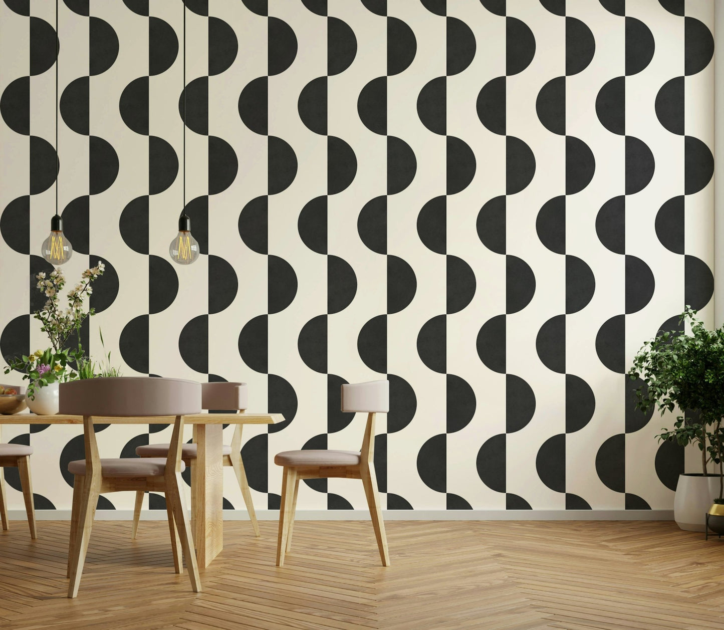 The Monochrome Wave mural makes a sophisticated and soothing statement.

