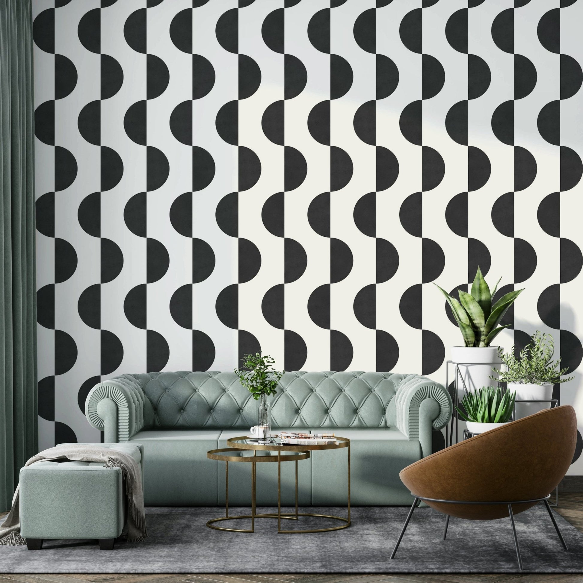 A high-resolution wall mural with a serene, monochrome wave pattern.

