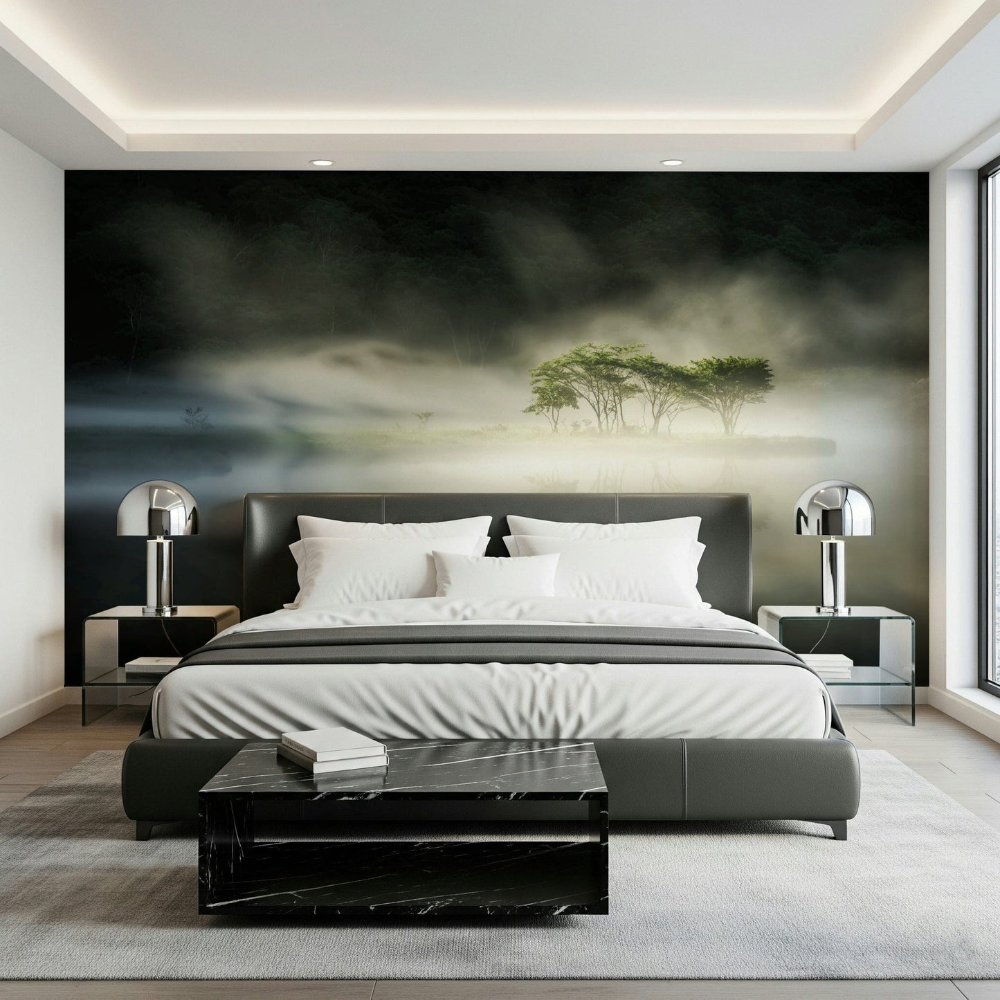 Ethereal nature forest lake Woodland Veil wall mural design.