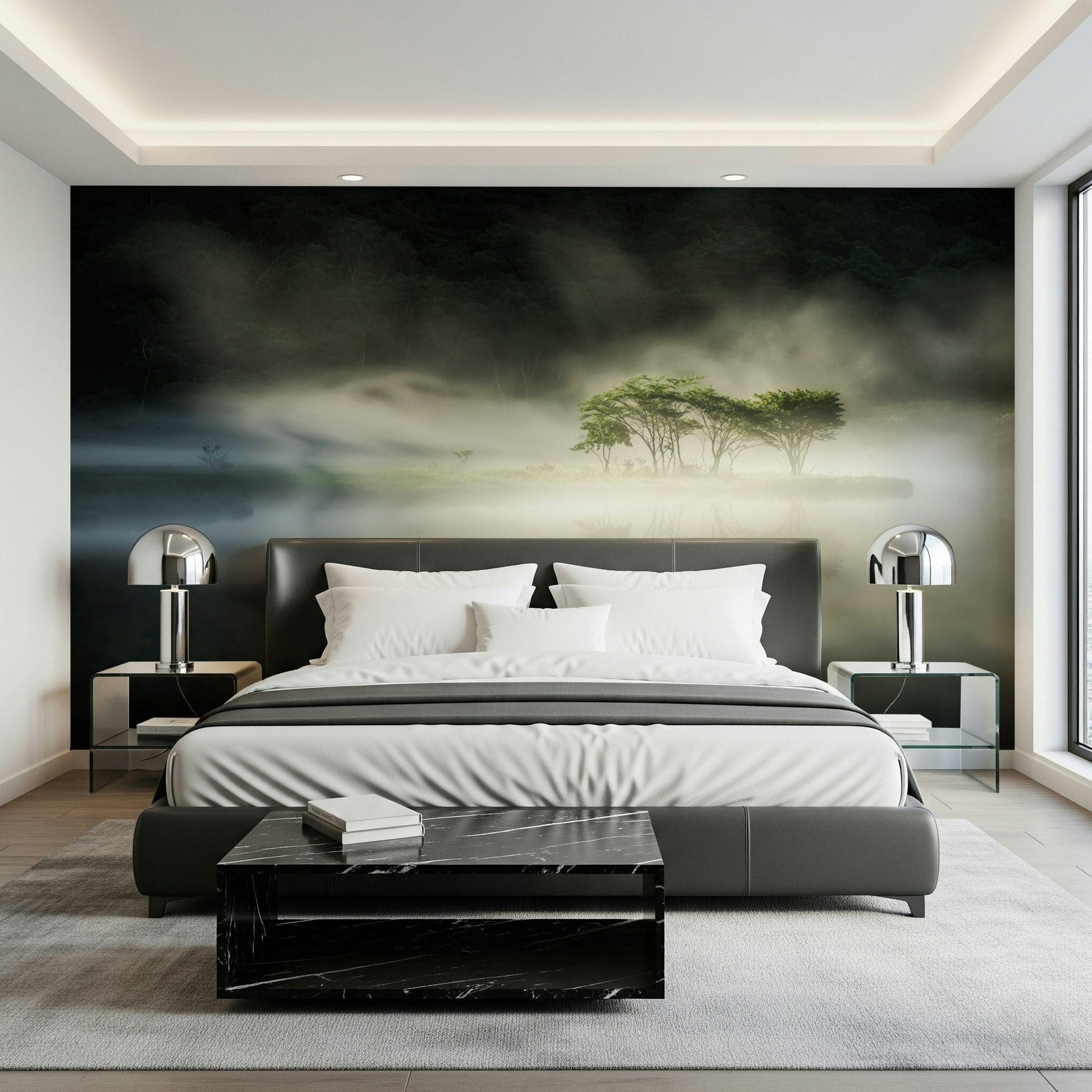 Ethereal nature forest lake Woodland Veil wall mural design.