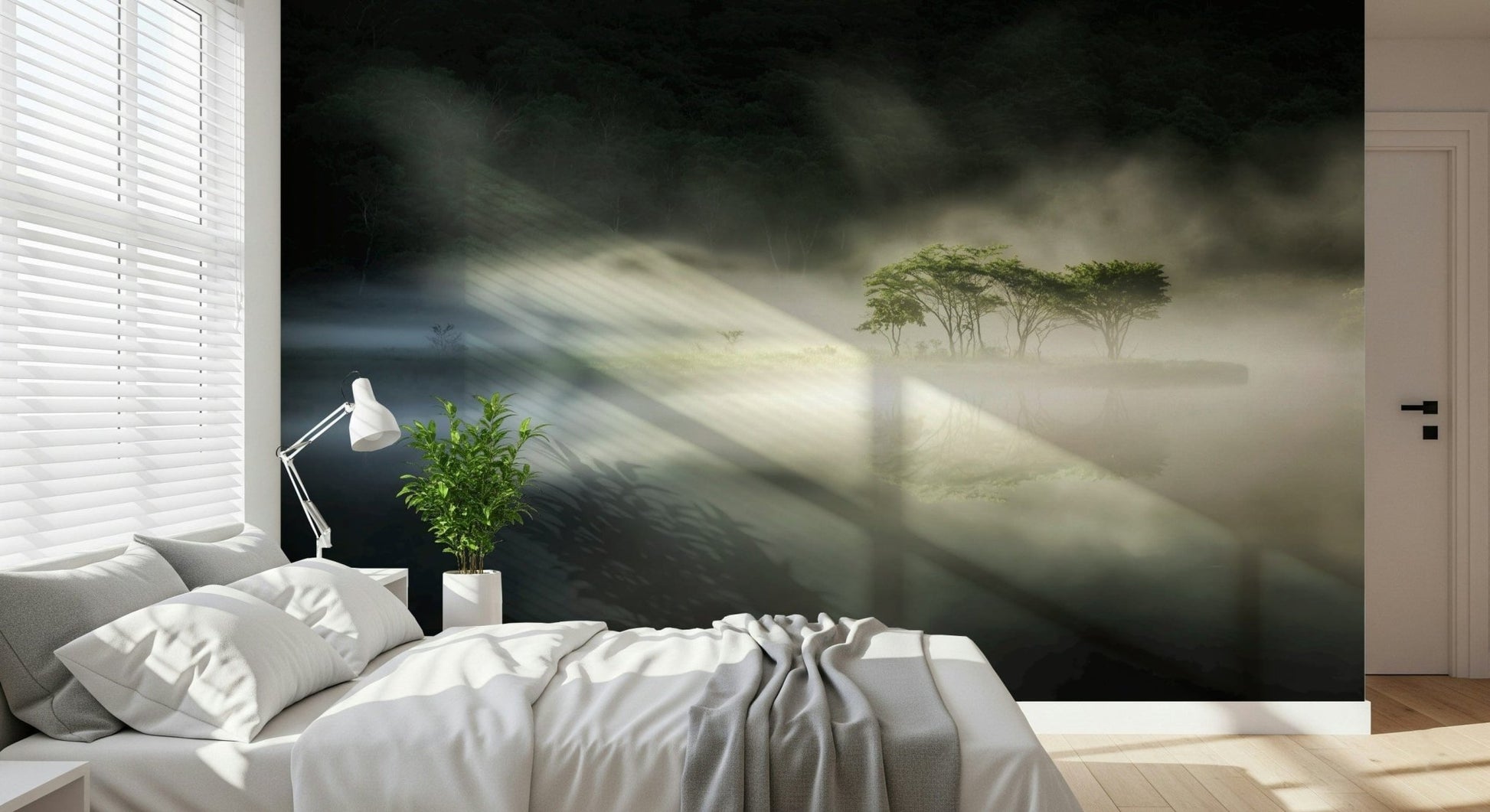 Magical glow in vapor Woodland Veil scenic wall mural.