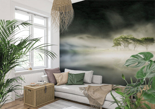 Woodland Veil mural art stunning trees shrouded in golden mist over water.