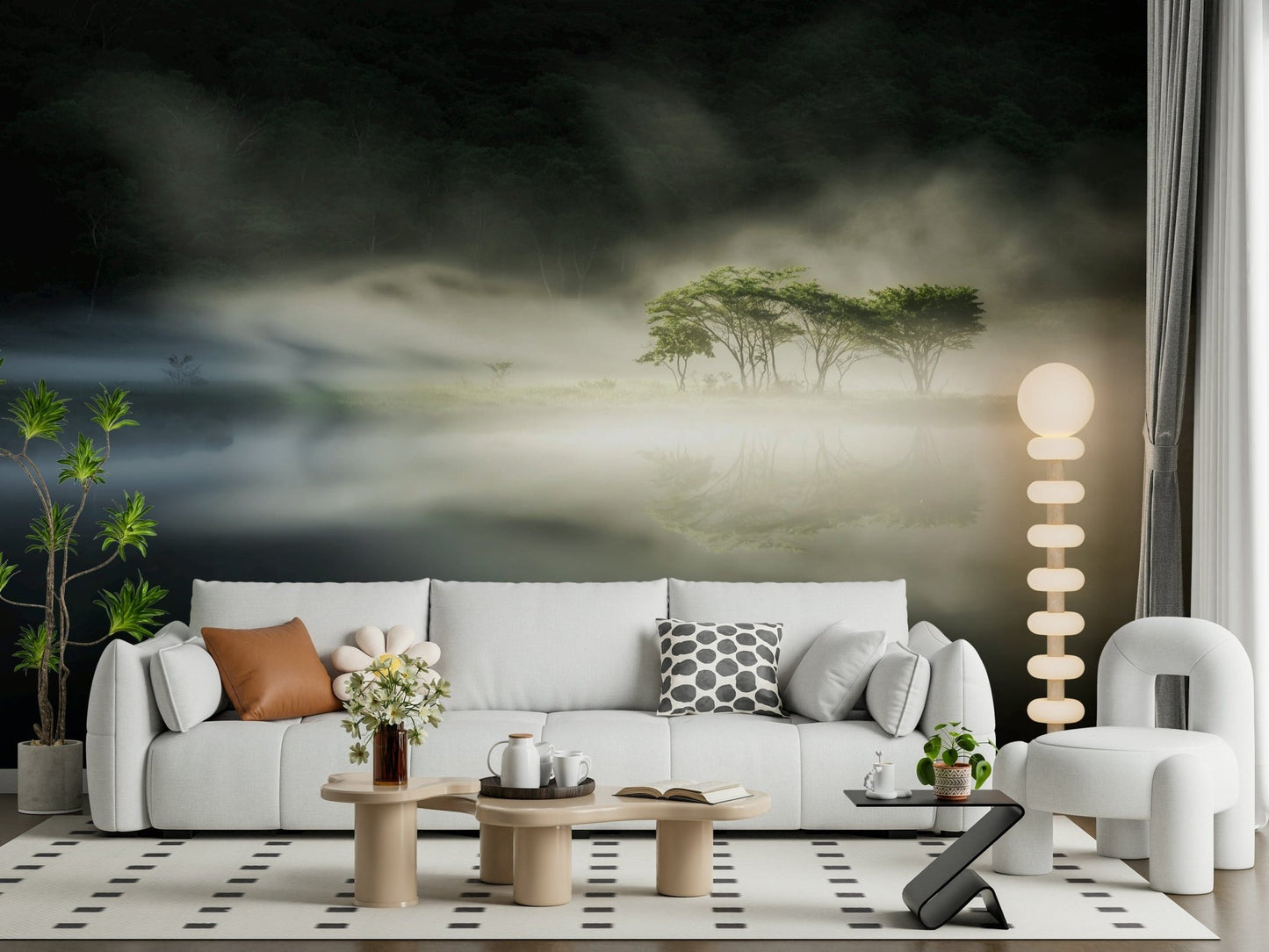 Reflective lake scene Woodland Veil accent wallcovering mural.
