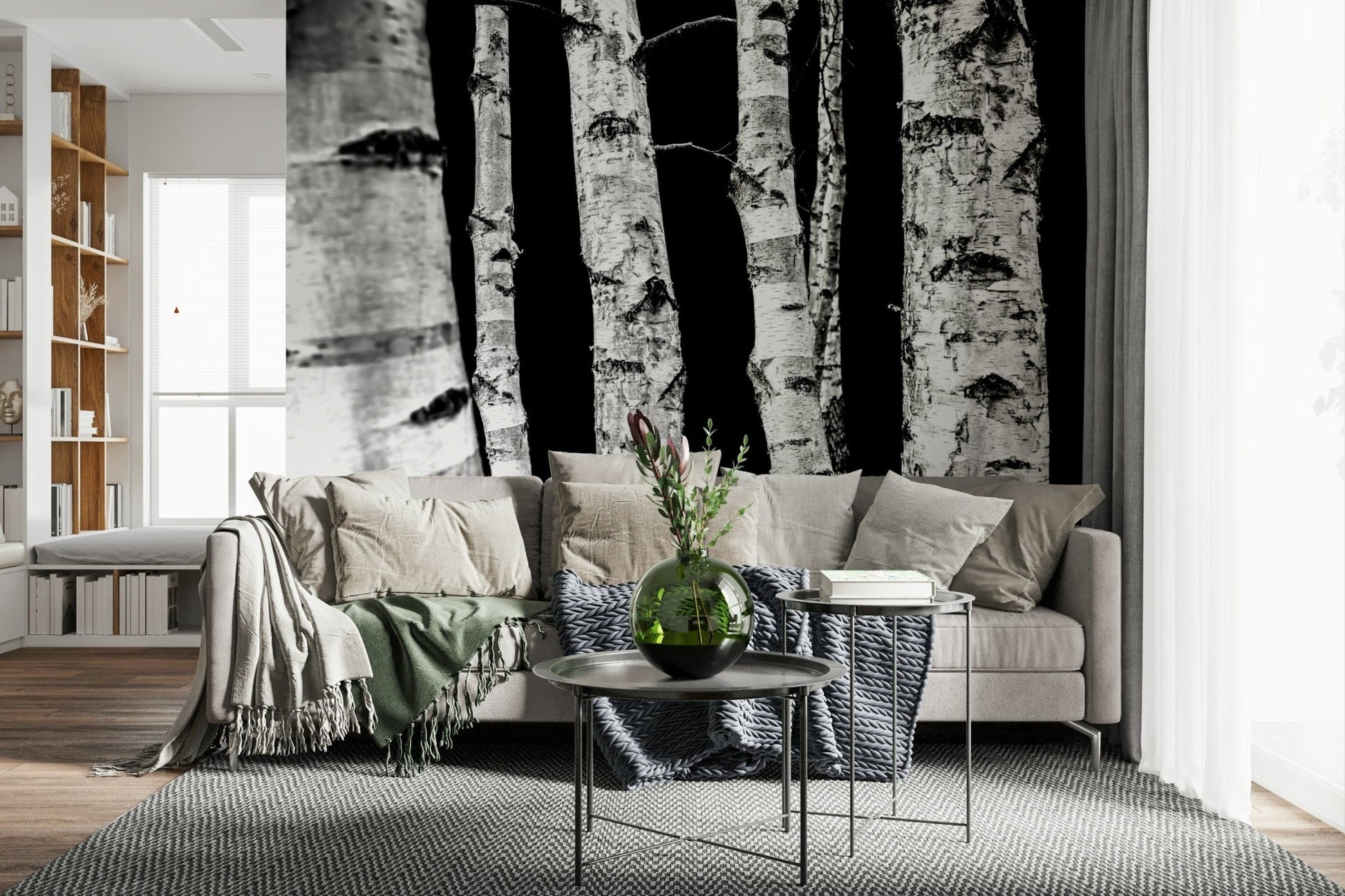 Dramatic vertical lines wallpaper accenting the Monochrome Woods product.