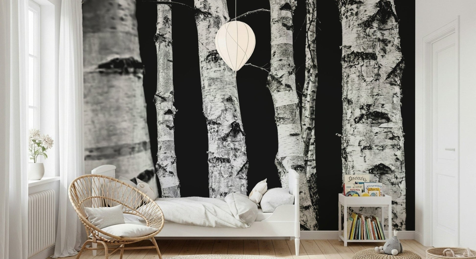 Serene black and white wallpaper, natural Monochrome Woods scene covering.