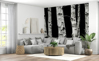 Monochrome Woods birch forest print wallpaper wall covering.