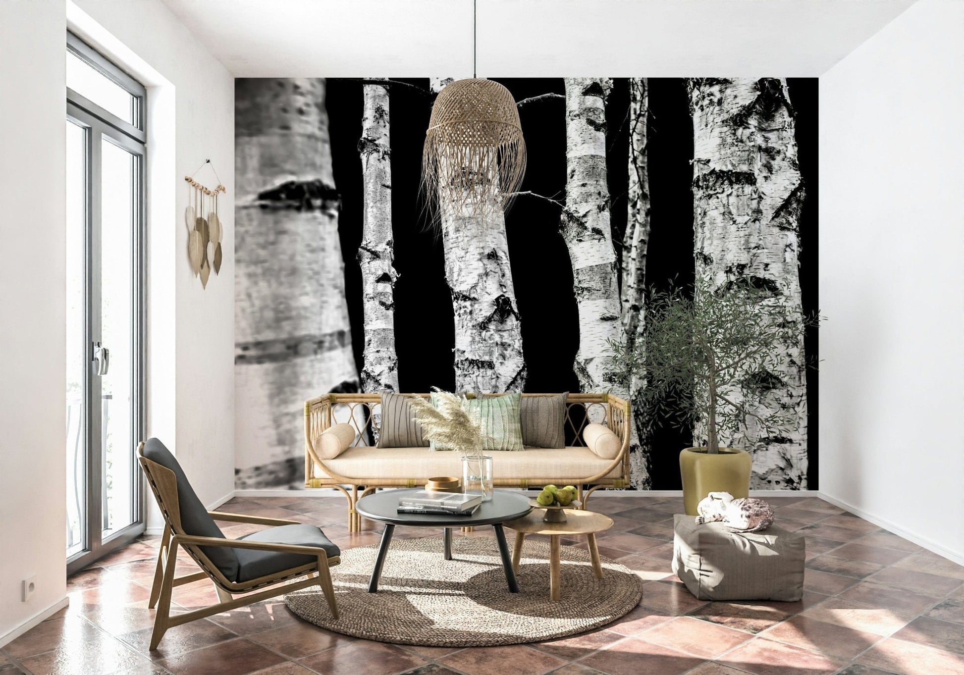 High-contrast birch trunks mural, inspired by the Monochrome Woods pattern.