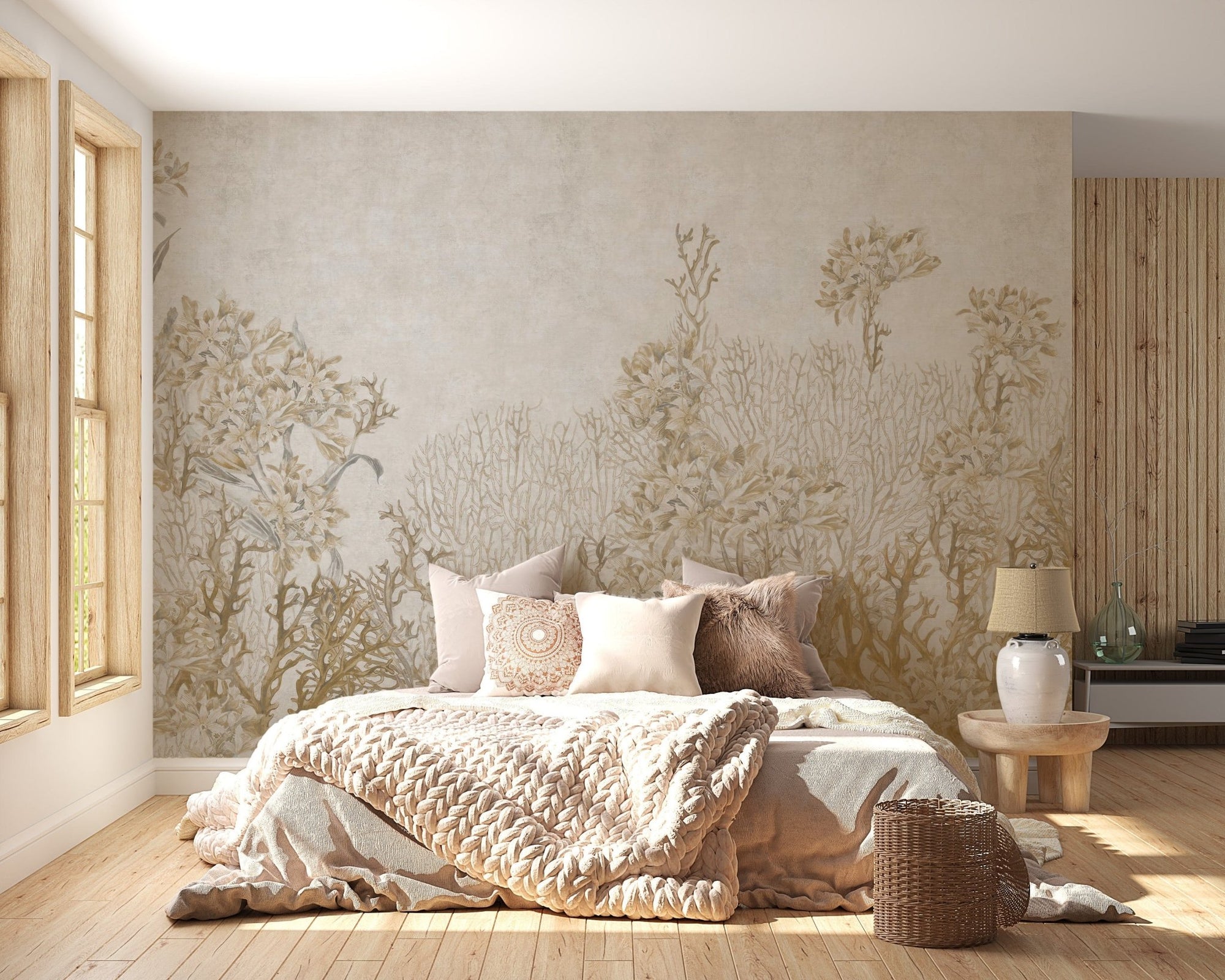 Sepia monotone flowers shaded wallpaper mural A394
