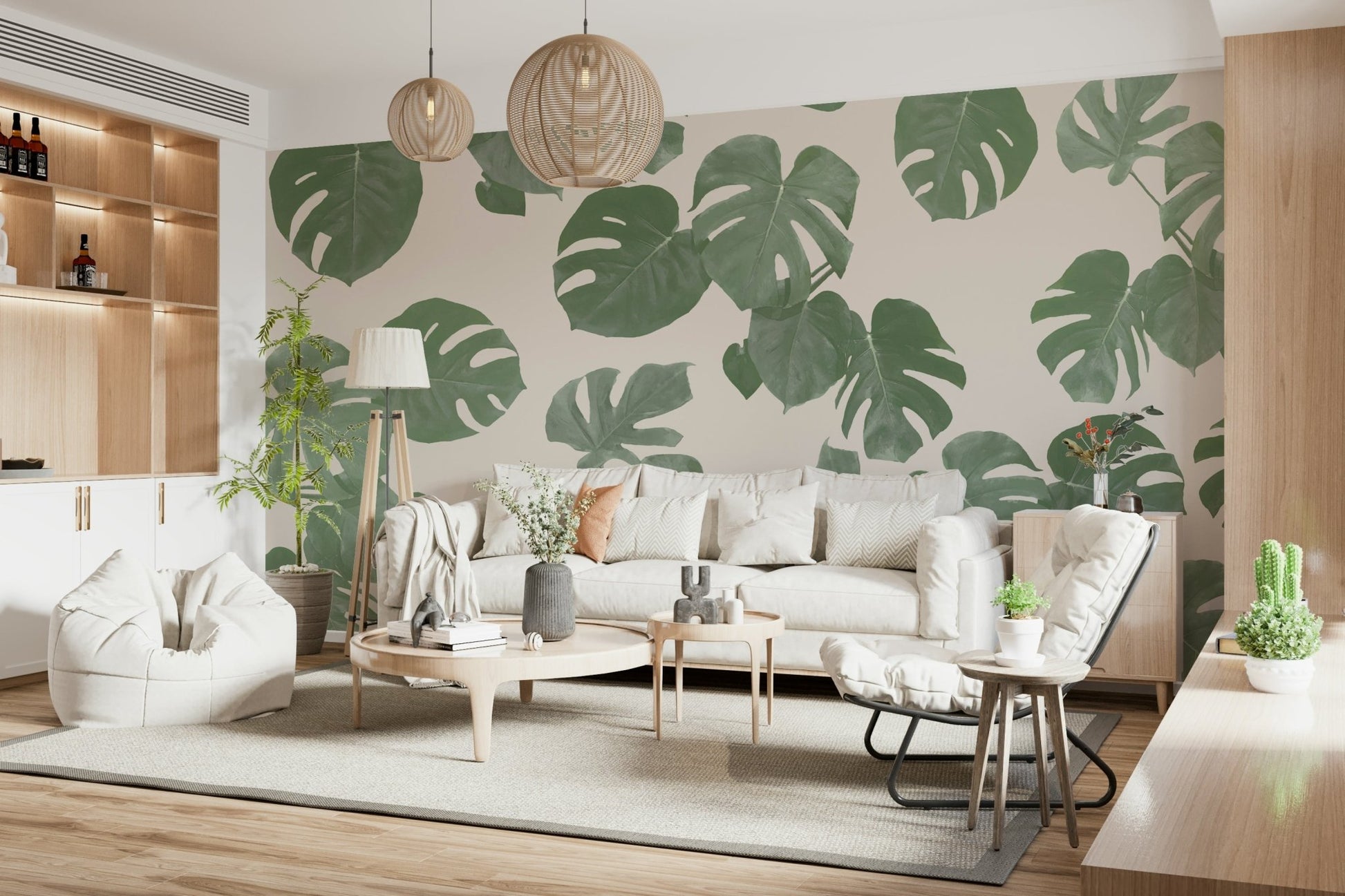 A contemplative leaf design wallpaper mural for a feature wall.