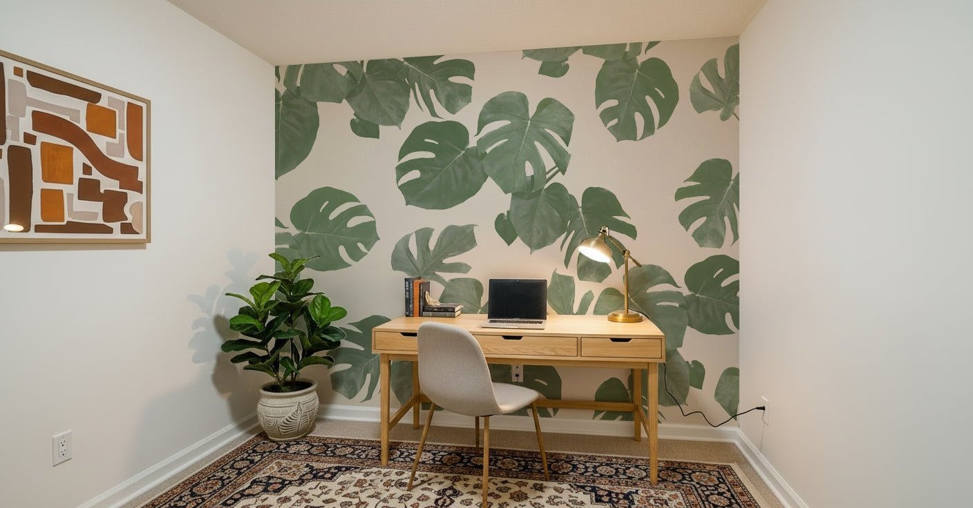 An artistic lush foliage mural on minimalist wallpaper.