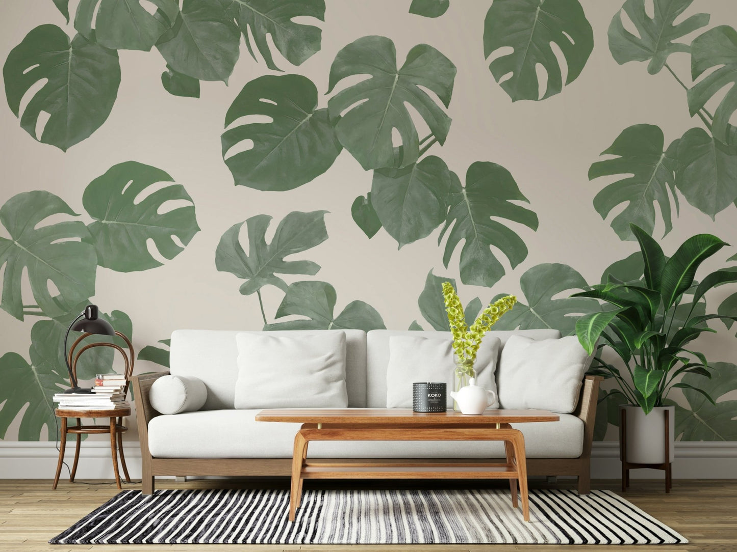 A beautiful modern art wall mural of tropical plant leaves.