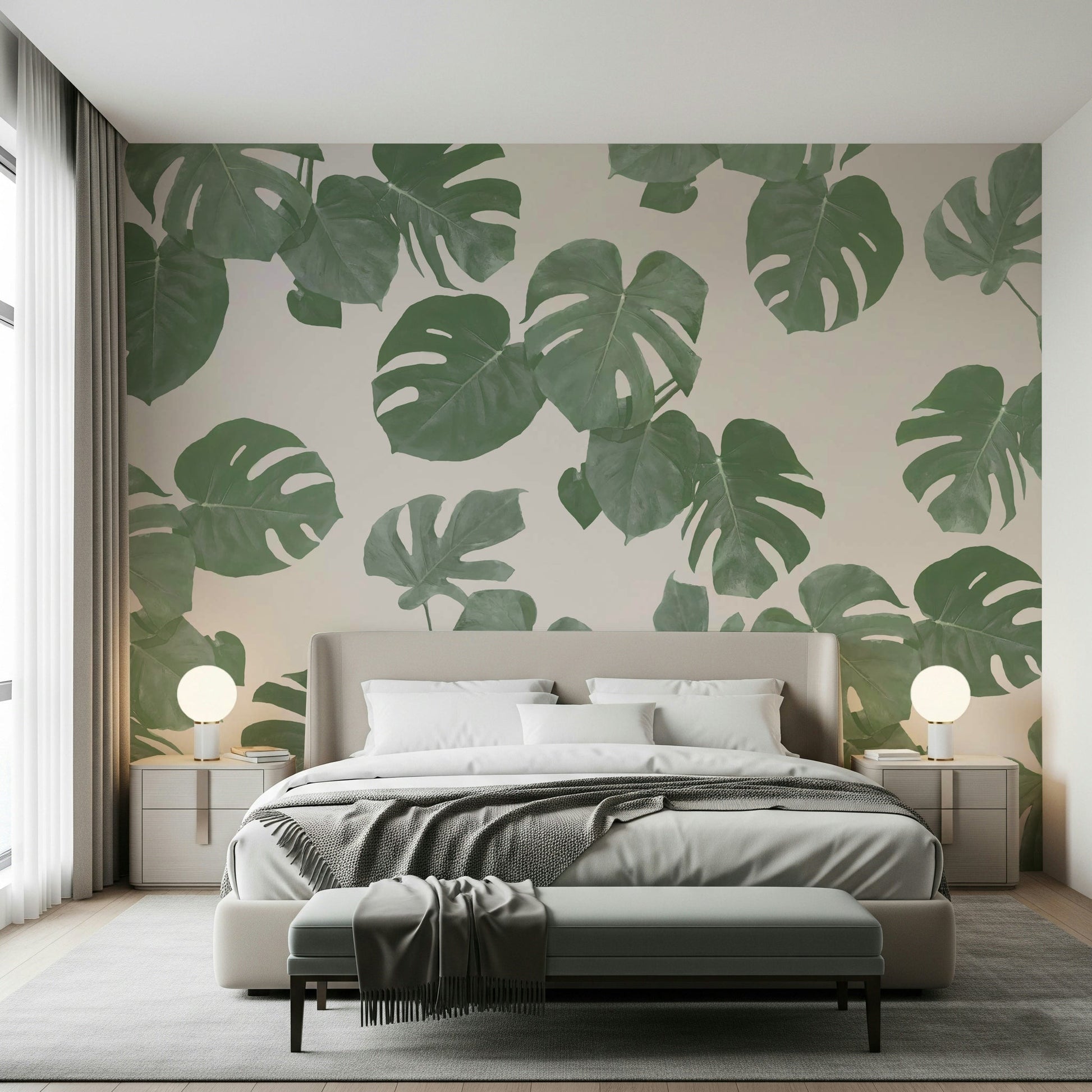 A graceful subtle leaf wall mural in cool, natural tones.