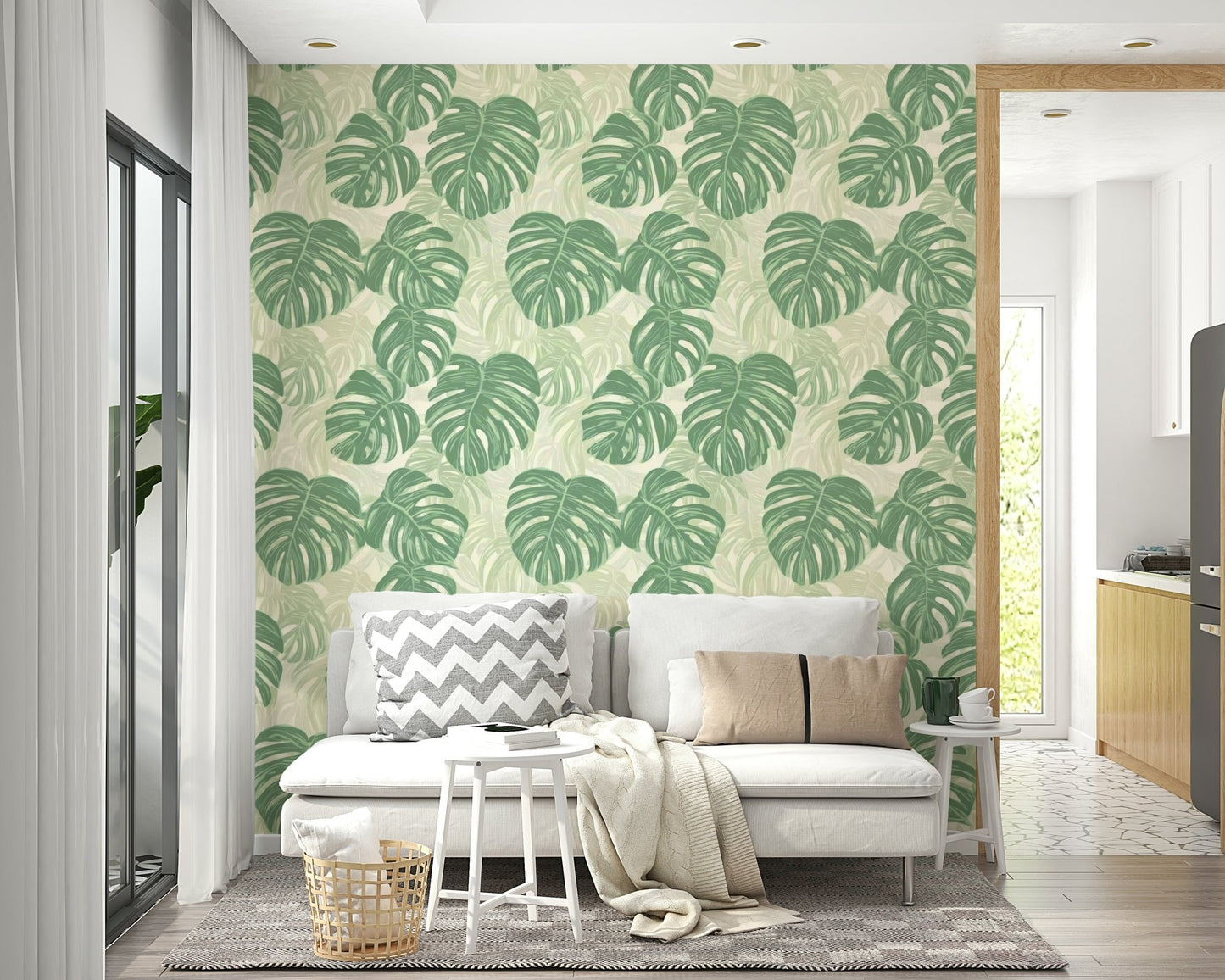 Bring nature indoors with Monstera leaf wallpaper.

