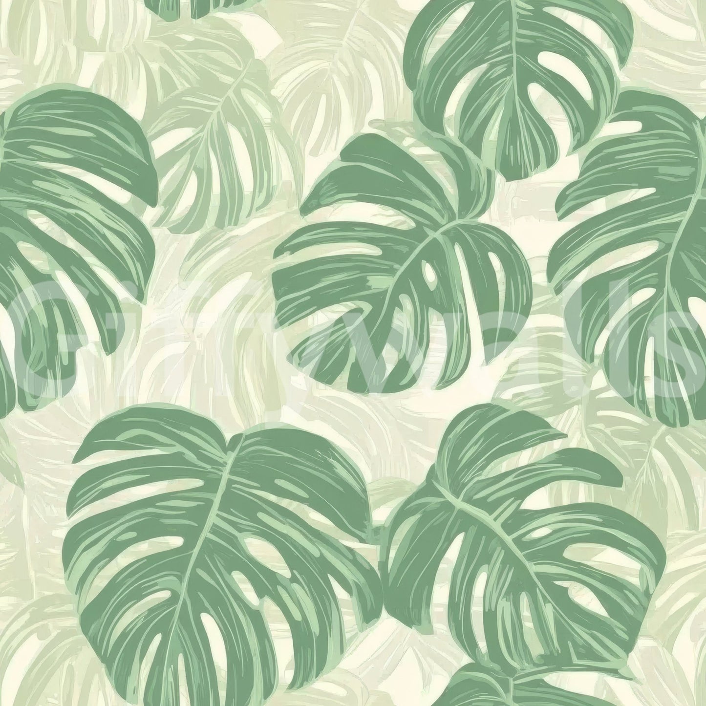 Leafy Monstera wallpaper adds greenery indoors.


