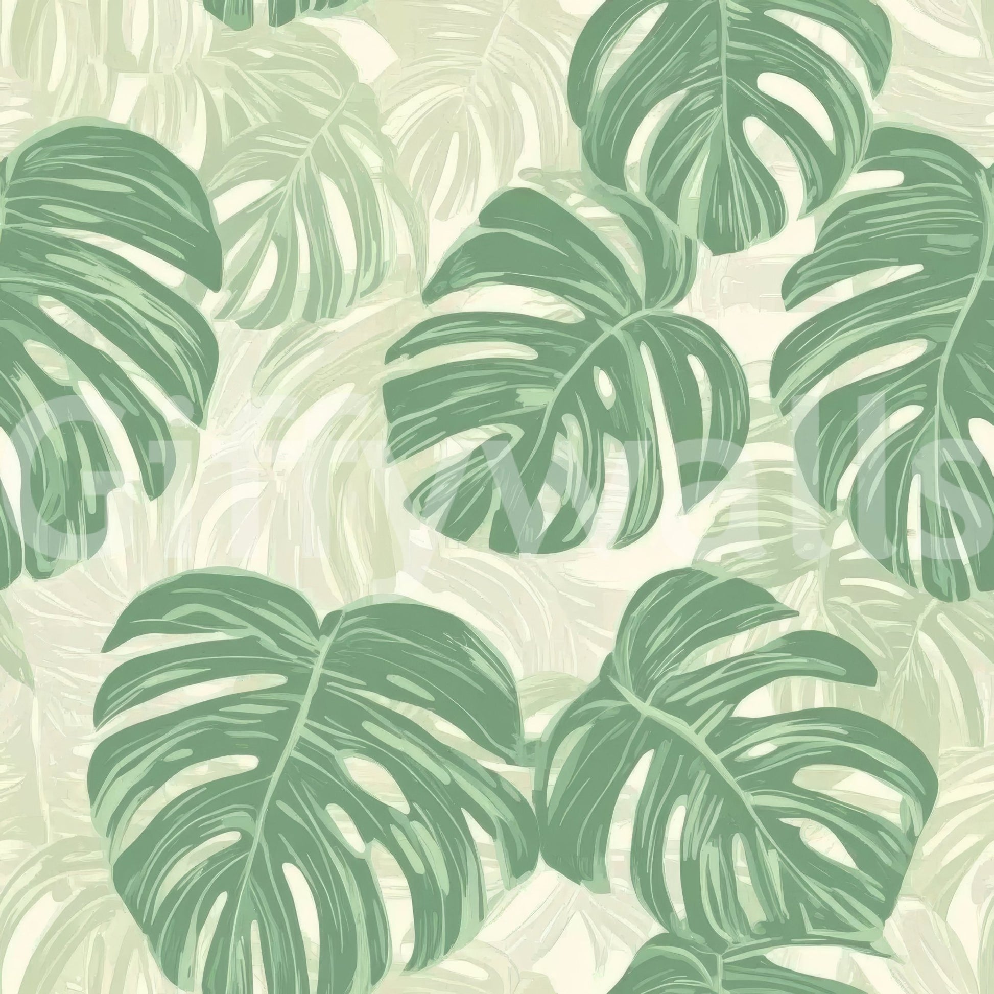Leafy Monstera wallpaper adds greenery indoors.

