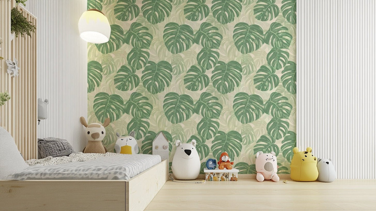 Monstera leaf wallpaper for an exotic interior.


