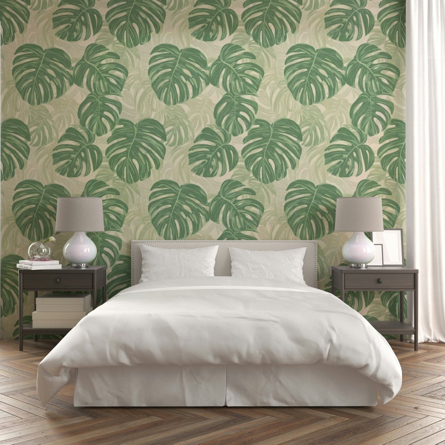 Large Monstera leaves wallpaper for tropical flair.

