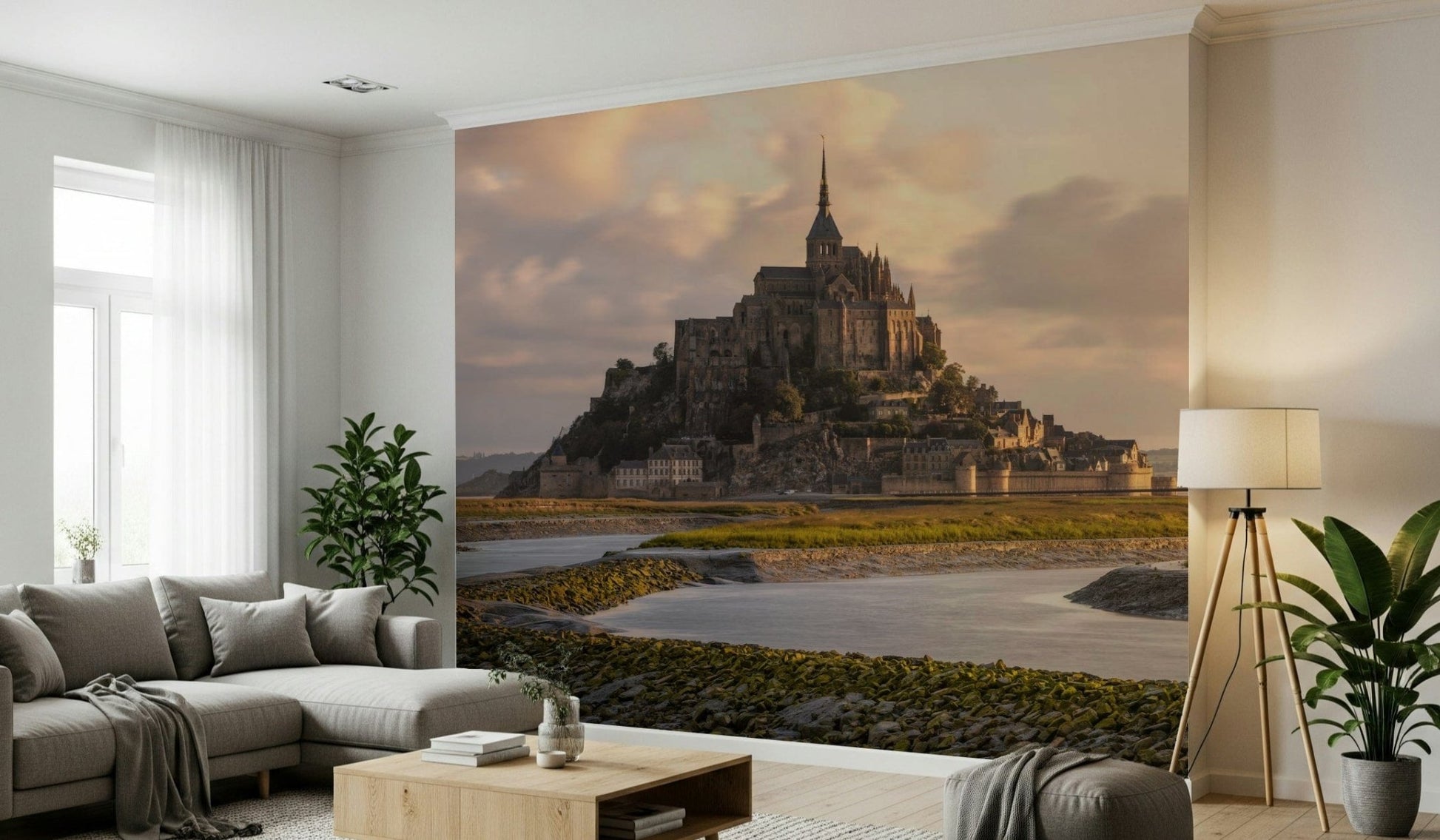 A beautiful panoramic Mont Saint-Michel wallpaper mural bathed in soft dawn light.