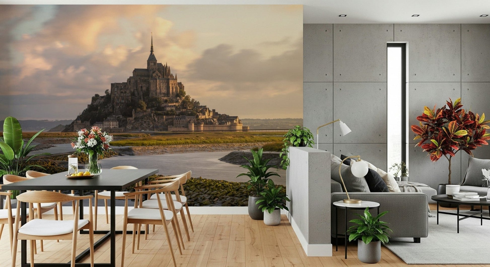 A calming serene view wallpaper mural that defines a space.