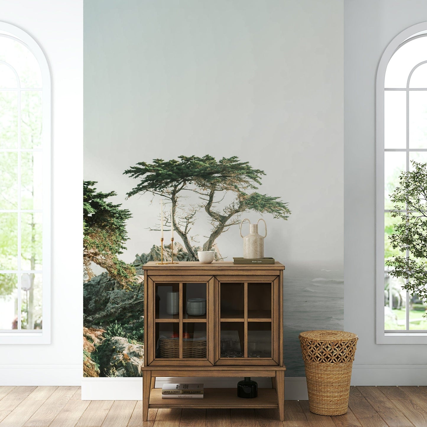 Wind-shaped tree on rocky bluff

