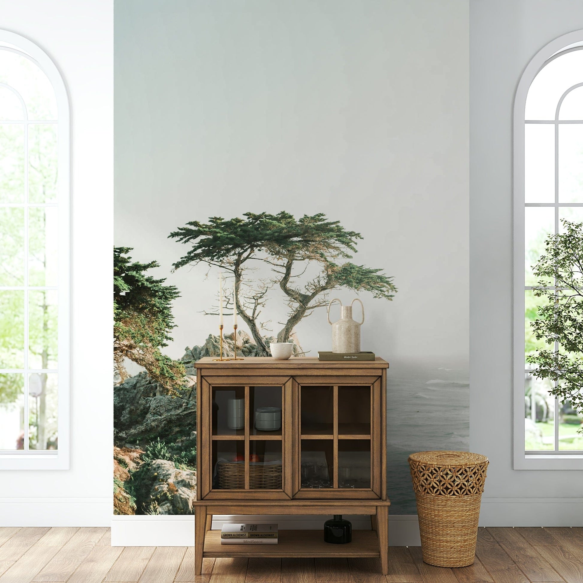 Wind-shaped tree on rocky bluff

