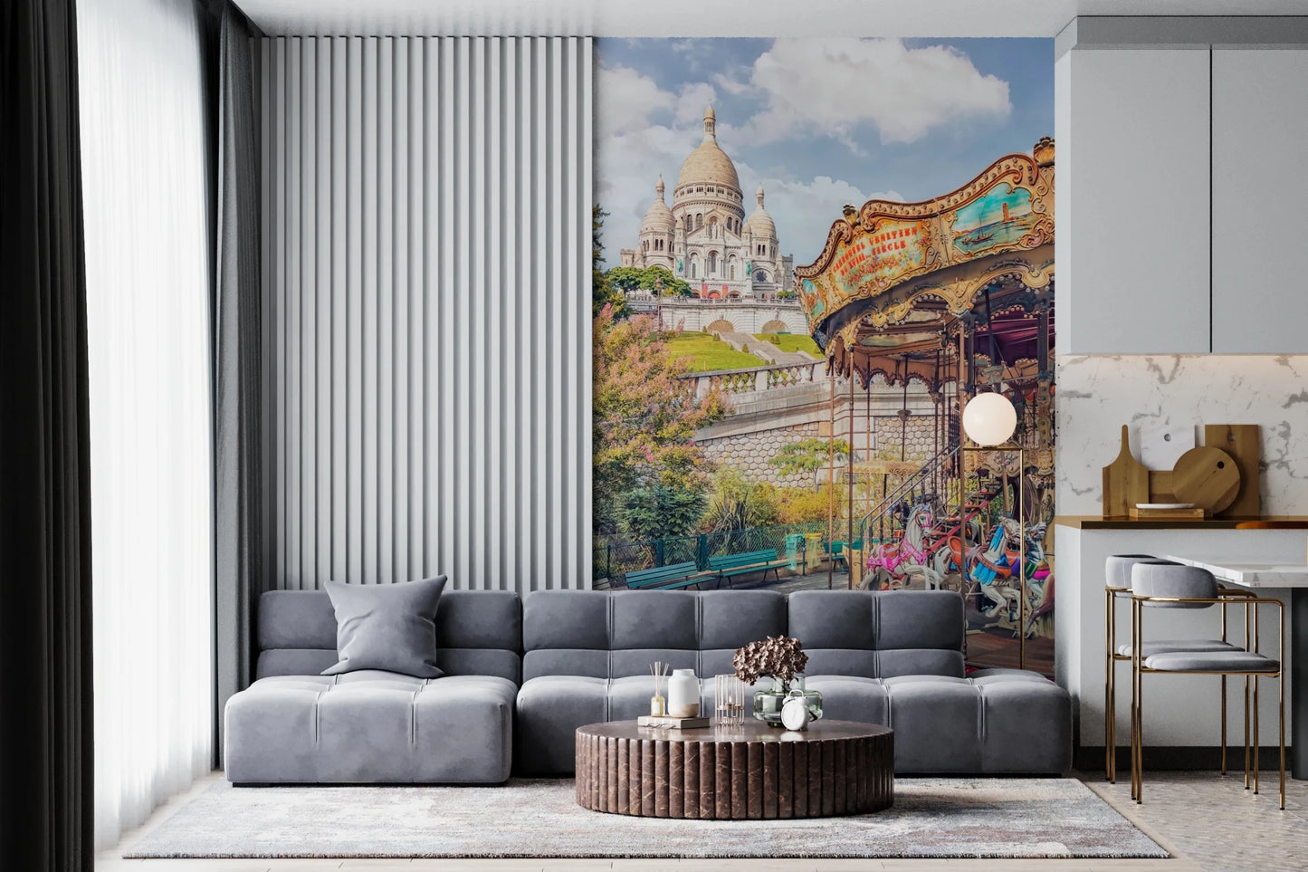 Detailed city view wallpaper for a bedroom wall mural.