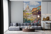 Detailed city view wallpaper for a bedroom wall mural.