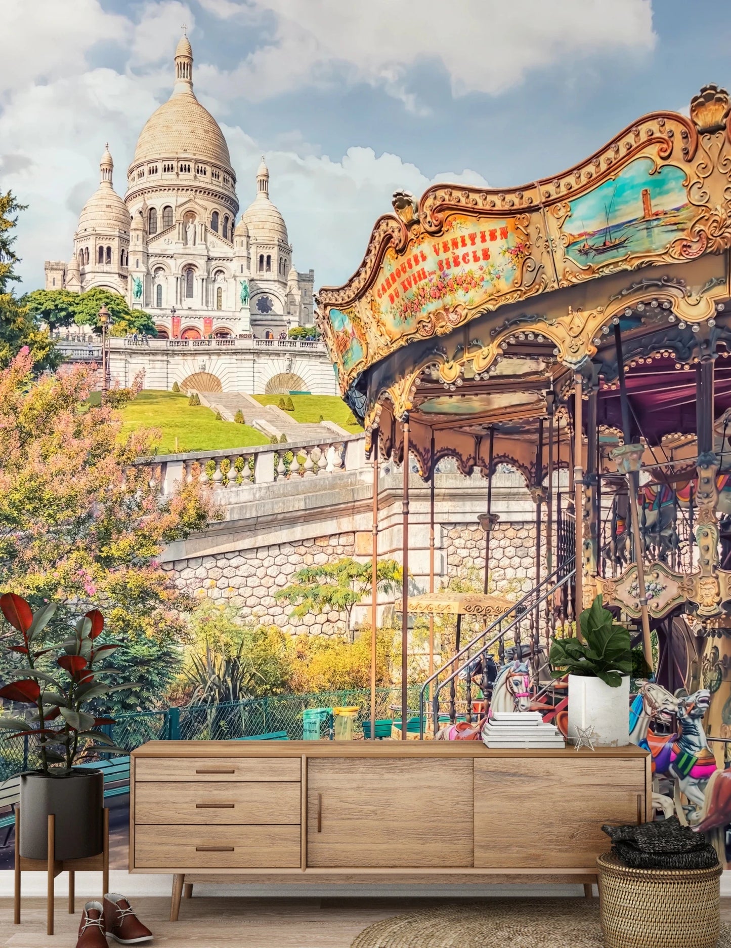 Parisian basilica and vintage carousel wall mural.
