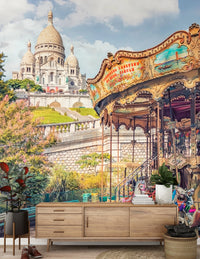 Parisian basilica and vintage carousel wall mural.
