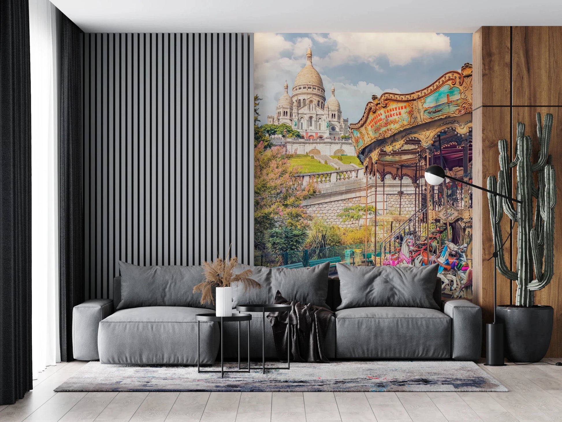 Living room wallpaper with a classic carousel wall mural.