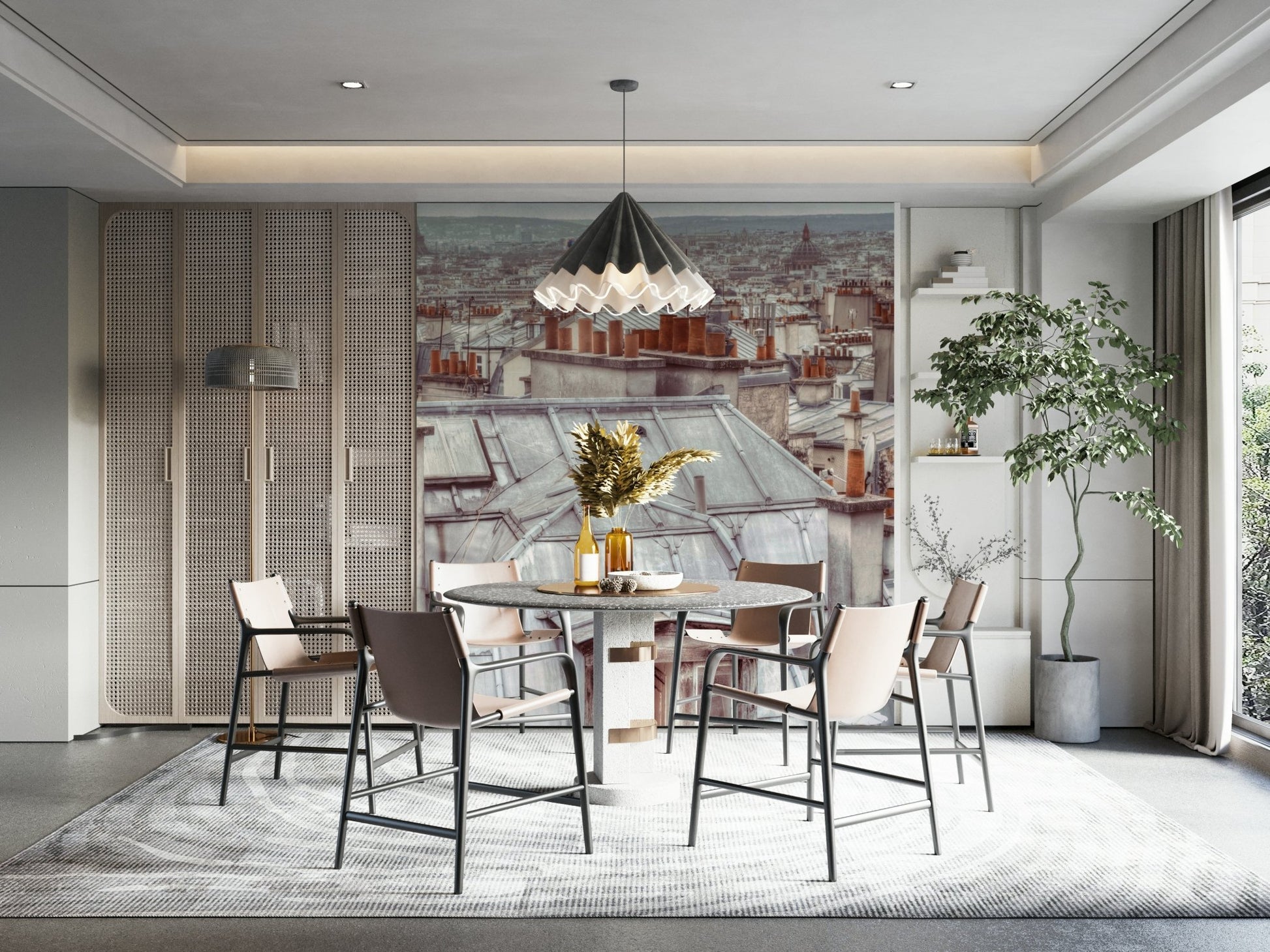 A wall mural featuring Parisian rooftops.

