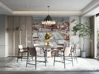 A wall mural featuring Parisian rooftops.

