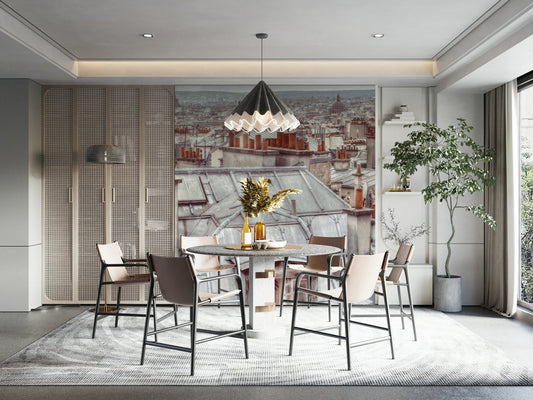 A wall mural featuring Parisian rooftops.

