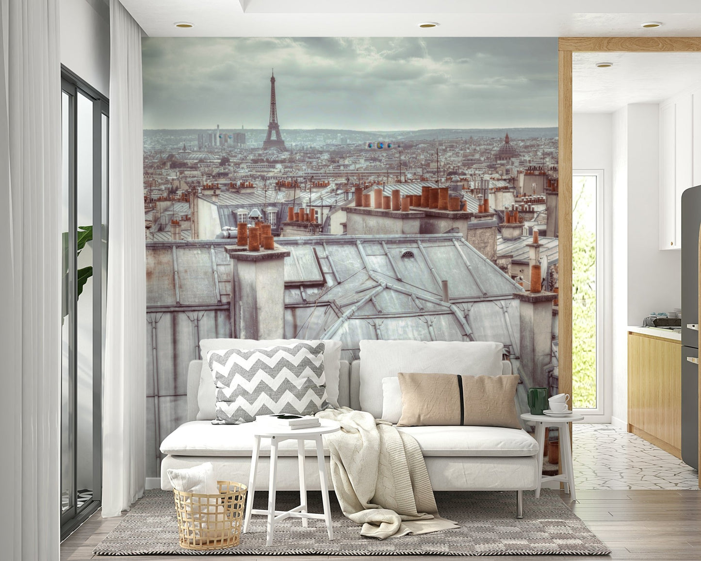 Many unique chimneys are visible on the rooftops.

