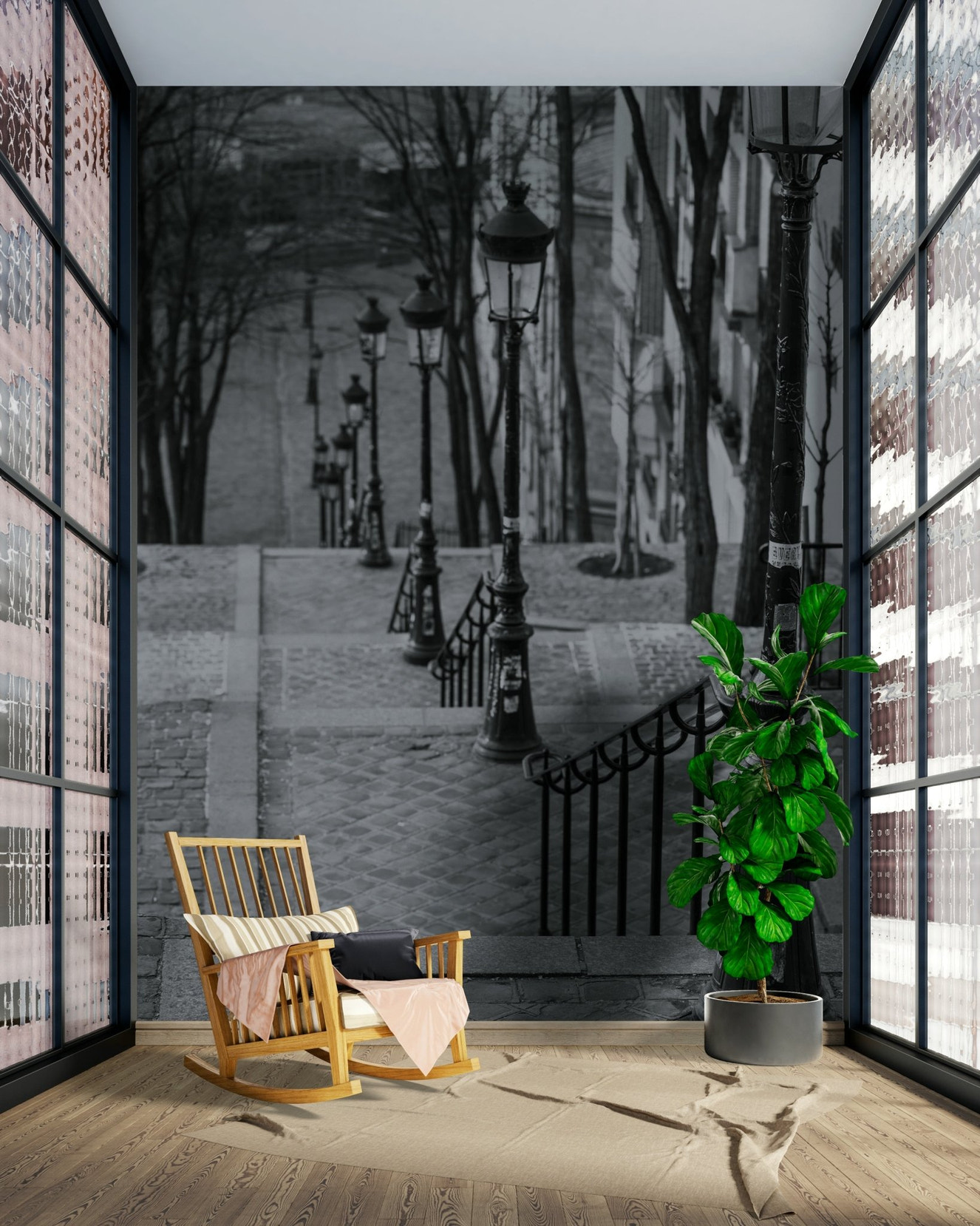 Montmartre Stairway Wall Mural for Parisian vibes.

