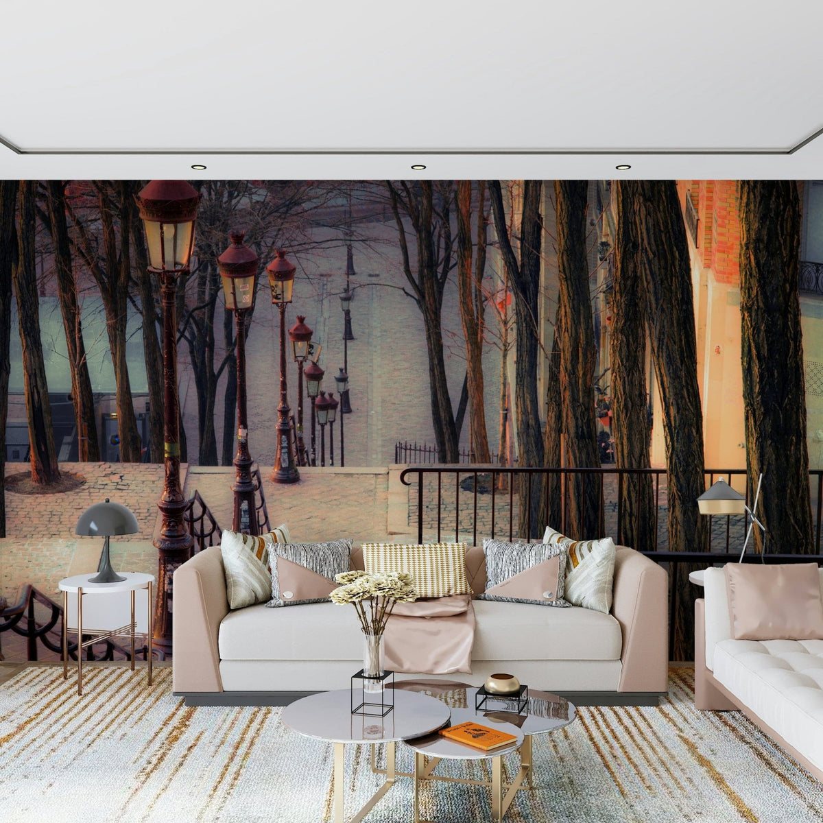 Parisian stone staircase mural in a modern living room with neutral tones., GD7255