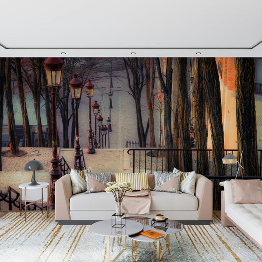 Parisian stone staircase mural in a modern living room with neutral tones.