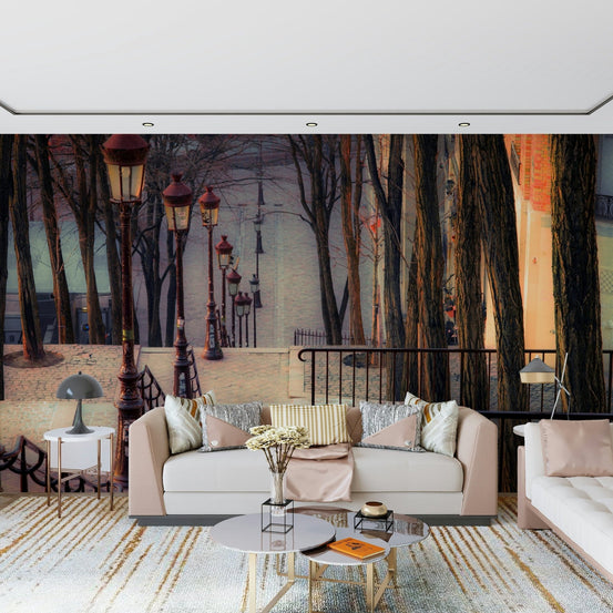 Parisian stone staircase mural in a modern living room with neutral tones., GD7255